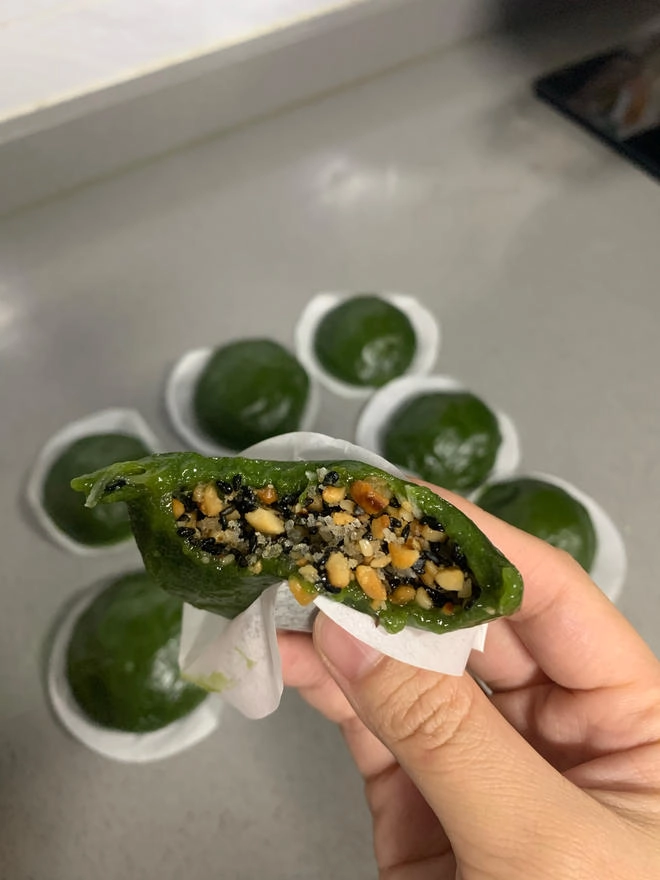 Close-up of Asian mugwort dumplings