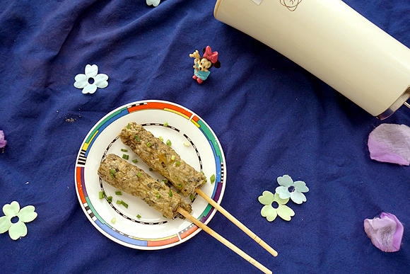 Close-up of Scrambled Eggs with a Different Kind of Toon ~ Toon Eggs on a Stick
