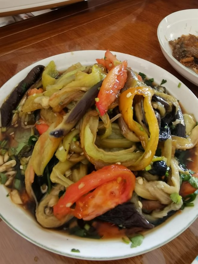 Close-up of Charcoal Grill: Eggplant with Green Peppers
