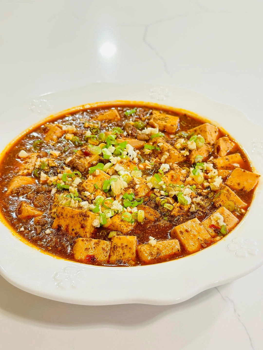 Close-up of Mapo Tofu (Reduced Seasoning Version)